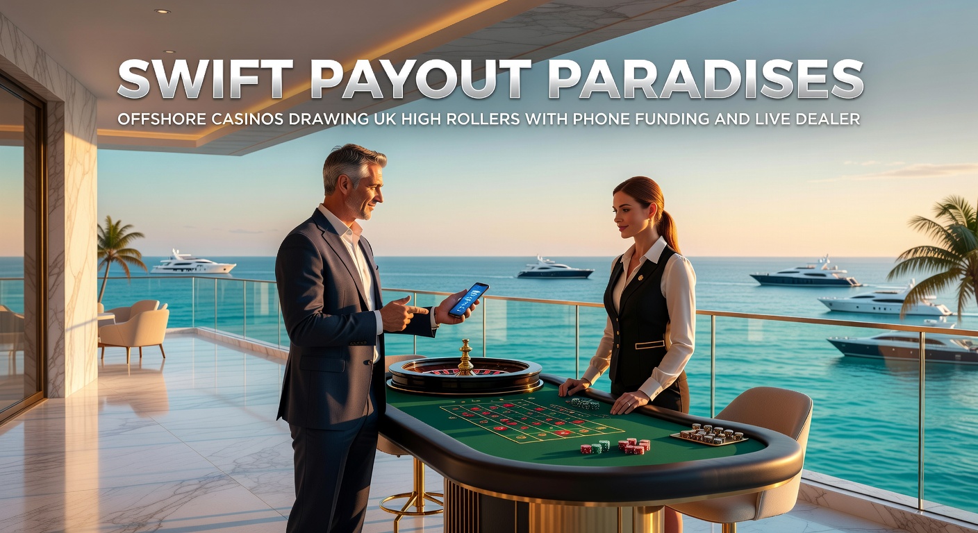 Dynamic live dealer session in an offshore casino studio, featuring a high-roller baccarat table with phone deposit prompts and instant payout icons glowing on screen
