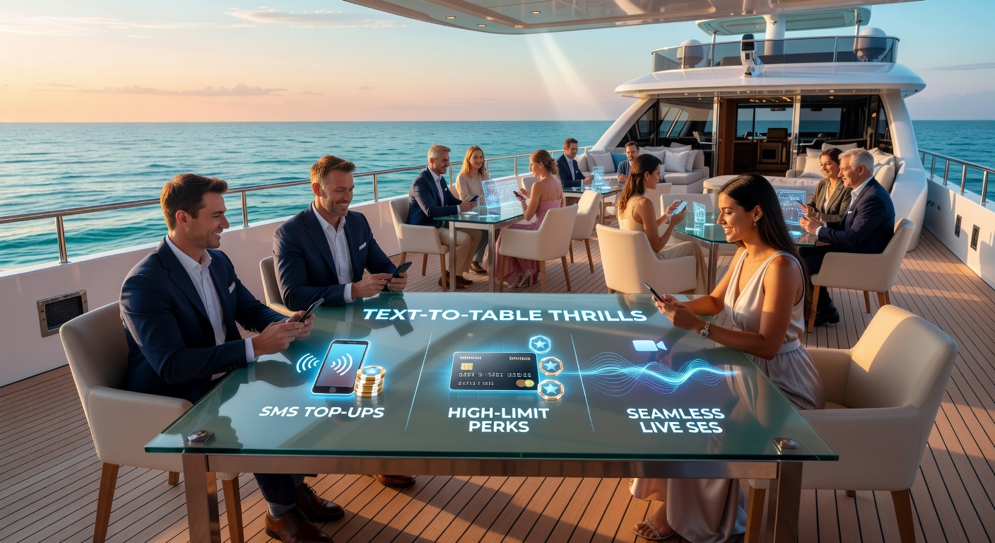 Dynamic screenshot of a live dealer poker game on an offshore platform, featuring SMS deposit prompt and high-stakes chip stacks
