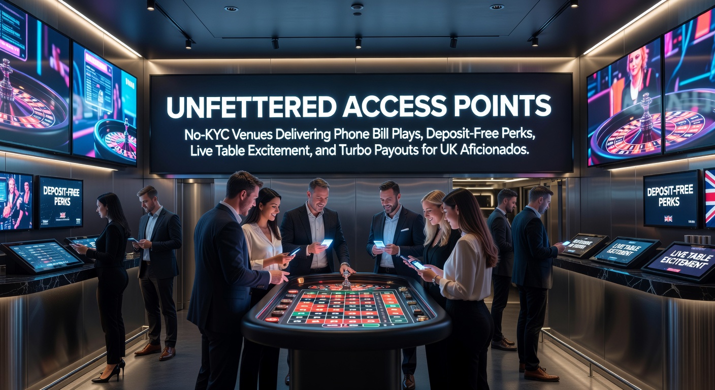 Vibrant digital interface of a no-KYC casino platform showing phone bill deposit options alongside live dealer tables and quick withdrawal buttons, tailored for seamless UK player access